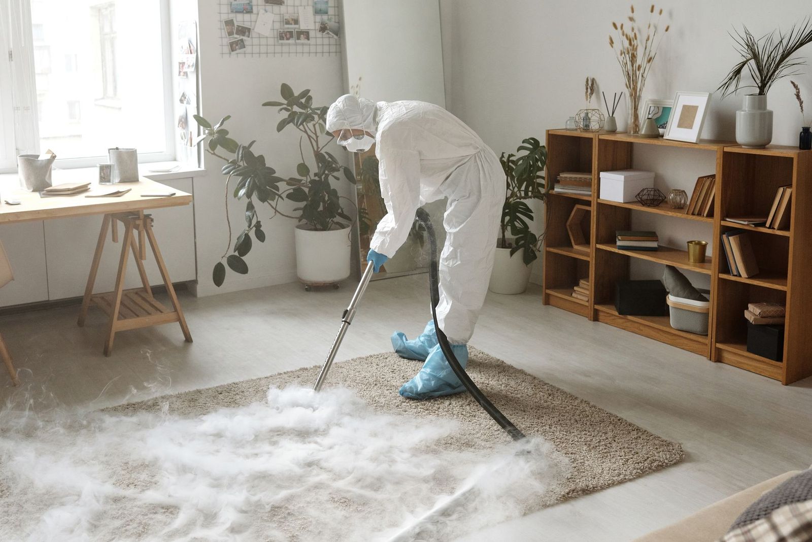 Frau in Schutzkleidung behandelt einen Teppich in der Wohnung